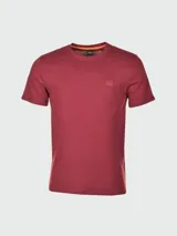 Remera manga corta color borgoña de algodón, cuello redondo con ribete naranja y logo cuadrado en el pecho.