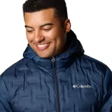 Campera Columbia azul con capucha, relleno de plumón de 650 fill power, forro termorreflectante Omni-Heat™, tecnología HeatSeal™ y tejido hidrófugo Omni-Shield™.