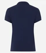 Blusa marrón con cuello polo y escote en V, de manga corta.