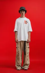 Remera blanca de algodón premium con cuello redondo y calce oversize. Presenta un pequeño estampado en el pecho izquierdo de Mickey Mouse en una pose dinámica sobre un fondo naranja.