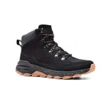 Bota de trekking Hi-Tec Tommie color negro, de caña media, con cordones marrones y suela marrón con detalles en blanco.