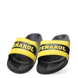 Chanclas de hombre con base negra y tira ancha amarilla con una franja negra y la inscripción "PEÑAROL" en letras negras.
