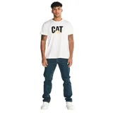 Pantalón de jean color verde militar, de corte slim, con cinco bolsillos y logo CAT en la parte trasera.