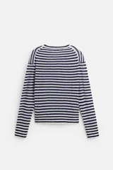 Jersey de punto con rayas horizontales en azul marino y blanco, cuello redondo y manga larga.
