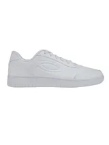 Zapatillas deportivas Under Armour modelo Tempo, color blanco liso, de corte bajo y estilo casual/urbano. Presentan una parte superior de cuero suave y suela de goma resistente. El logo de la marca está grabado en relieve en el lateral.