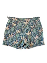 Short de baño azul con estampado de palmeras en tono gris, con bolsillos laterales y traseros, y ajuste lateral con hebilla metálica.