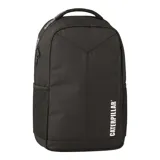 Mochila negra Caterpillar con compartimento acolchado para laptop, bolsillos laterales de malla, correas ajustables y logo reflectante.