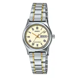 Reloj Casio para mujer, modelo LTPV006SG-9BUDF, con caja y brazalete de acero inoxidable plateado y dorado, esfera color crema con números romanos y agujas doradas, y función de calendario.