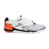 Championes deportivos Joma para fútbol sala, color blanco con detalles en gris, negro y naranja. Capellada de material sintético y rejilla mesh para mayor transpirabilidad y estabilidad. Tecnología Perfect Fit en la cordonera para mejor sujeción. Puntera reforzada con tecnología Protection.
