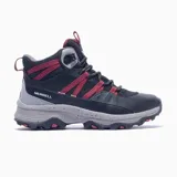 Bota de trekking Merrell, de media caña, color negro con detalles en rojo y gris.