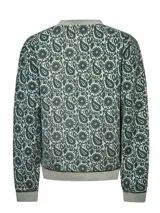 Buzo de manga larga con cuello redondo y estampado abstracto en tonos verde oliva y blanco.