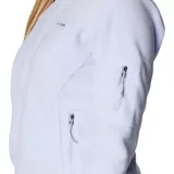 Chaqueta de microfibra color coral, con bolsillos laterales y cierre frontal, ideal para actividades al aire libre.