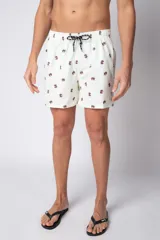 Short de baño blanco con estampado de cangrejos marrones, cintura elástica con cordón de ajuste y bolsillos laterales.