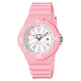 Reloj Casio deportivo rosado con números de colores y correa de resina. Resistente al agua hasta 100 metros.