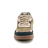 Zapatillas Caterpillar Pause Retro Leather de cuero color verde oliva, con detalles en beige y azul marino.