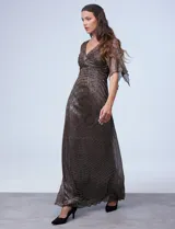 Vestido de gasa lurex negro con escote en V anudado y manga corta amplia.