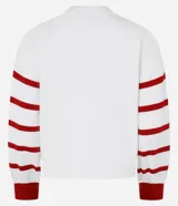 Suéter blanco de jacquard con letras 'Amour' en rojo y rayas horizontales rojas en las mangas.