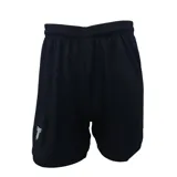 Short deportivo negro liso con cintura elástica y un pequeño logo blanco estampado en la parte inferior izquierda de la pierna.