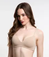 Soutien de copa triangular confeccionado en poliamida, color beige y negro, con tirantes ajustables y cierre trasero.