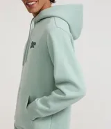 Hoodie de algodón y poliéster color verde menta, con capucha ajustable con cordón y bolsillo canguro frontal. Presenta un pequeño logo bordado en el pecho izquierdo con el texto "Urban Chill".