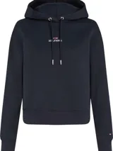 Buzo azul marino con capucha y cordón ajustable, de corte regular. Presenta el logo de Tommy Hilfiger bordado en el pecho y la bandera de la marca en el puño.