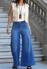 Pantalón de jean azul de corte pata elefante, tiro medio y confeccionado en denim con lycra.