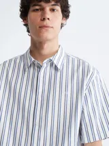 Camisa de manga corta con rayas verticales azules y blancas, cuello clásico y cierre con botones.