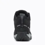 Bota de senderismo Merrell Accentor 3 Mid WP, color negro, de media altura, con capellada de gamuza y malla impermeable, cordones y correas reciclados, lengüeta de fuelle, puntera de goma protectora, forro de malla reciclada, plantilla de EVA removible, vástago de arco de nylon moldeado, entresuela de espuma EVA y suela de goma adherente.