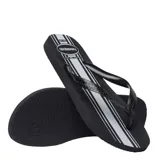 Sandalias Havaianas Essential de goma color negro con rayas blancas horizontales en la plantilla y tiras negras con textura.