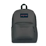 Mochila JanSport Superbreak gris con logo de la marca en el frente, un compartimento principal con cierre, un bolsillo frontal con cierre y dos bolsillos laterales abiertos.