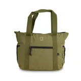 Bolso tote color verde oliva confeccionado con tejido antidesgarro de residuos plásticos reciclados. Tiene doble asa de mano y correa ajustable.