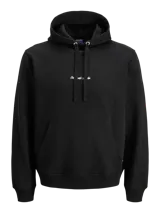 Buzo con capucha y manga larga, fit relajado, color negro. Confeccionado en tejido loopback con interior suavemente cepillado. Presenta un pequeño bordado blanco en el pecho.