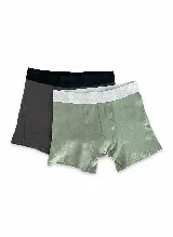 Pack de dos bóxers lisos, uno gris oscuro con cintura elástica negra y otro verde claro con cintura elástica blanca con logo.