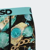 Calzoncillos tipo bóxer de la marca PSD, con estampado de rosas turquesas, relojes dorados con diamantes y cadenas de oro sobre fondo negro.