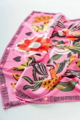 Pañuelo cuadrado de seda color rosa con estampado de tucanes, flores y bananas.