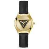 Reloj Guess GW0744L2 con caja dorada de 34mm y correa de cuero negra.