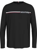 Remera negra de manga larga Tommy Hilfiger, de corte regular, con cuello redondo y logo Hilfiger estampado en el pecho sobre una franja horizontal con los colores característicos de la marca.