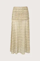 Falda larga con estampado de trazos artísticos, corte recto, pretina recogida, tela semi-traslúcida y tajos laterales.