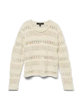 Sweater de punto calado color crema, con cuello redondo y mangas largas. Diseño holgado y tejido liviano.