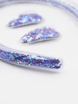 Set de vincha y dos broches para el pelo, color violeta con glitter.