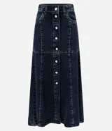 Pollera midi de jeans azul oscuro, con abotonado delantero, bolsillos y recortes.