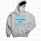 Buzo canguro gris con capucha y cordones. Estampado frontal con recuadro de líneas punteadas y texto en celeste.