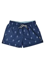 Short de baño azul con estampado de hojas de palmera en tonos celeste, blanco y gris.