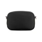 Bandolera Guess Eco Gemma color negro, confeccionada en nylon reciclado con herrajes dorados y logo triangular de la marca. Cuenta con correa regulable y desmontable, bolsillo frontal con cierre, cierre superior y compartimentos internos.