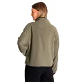 Buzo polar verde oscuro de microfleece, con cierre medio frontal con tirador con logo de Cat, bolsillo tipo canguro con costura divisoria, banda ajustable y parche de silicona con el logo de Caterpillar en el pecho izquierdo.