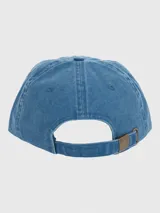 Gorra de gabardina celeste con bordado de un perro basset hound en el frente.