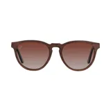 Lentes de sol con montura de madera color marrón y lentes marrones degradé.