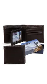 Billetera de cuero color negro, con interior liso y visor para tarjetas. Cuenta con espacio para 12 tarjetas y compartimento para billetes con cierre interno.