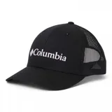 Gorro Columbia negro con paneles frontales rígidos y paneles traseros de malla. Presenta el logo de la marca bordado en blanco en el frente y un cierre ajustable a presión en la parte posterior.