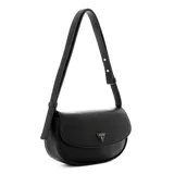 Bandolera Guess color negro con correa fina ajustable y logo triangular metálico en el frente.